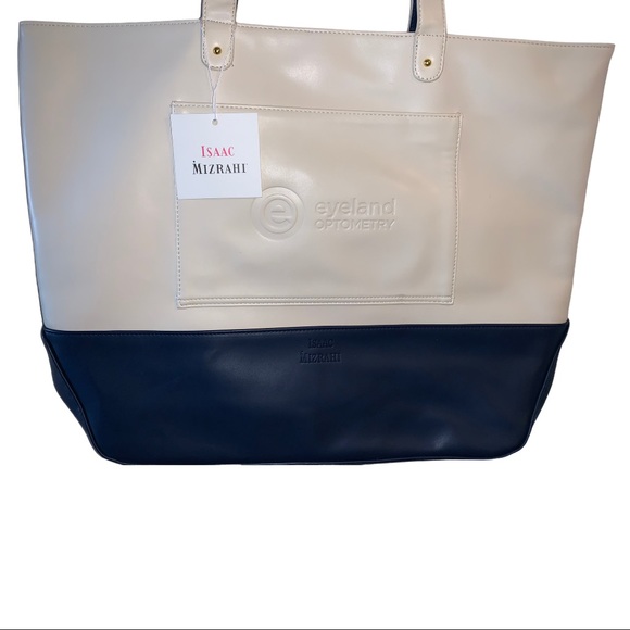 NWT ISAAC MIZRAHI Designer Cream & Navy Blue Checkered Everyday Tote Bag - Picture 2 of 7